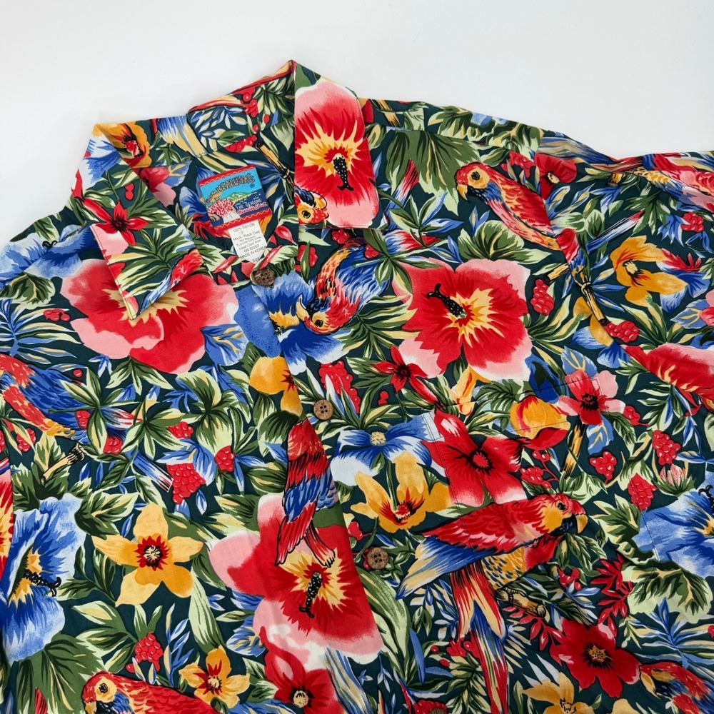 Joe Kealohas Hawaiian Shirt Mens Large Parrot Floral Tropical Rayon Button Up